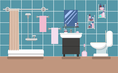 Naklejka na ściany i meble Bathroom interior with shower in blue colors in a flat style