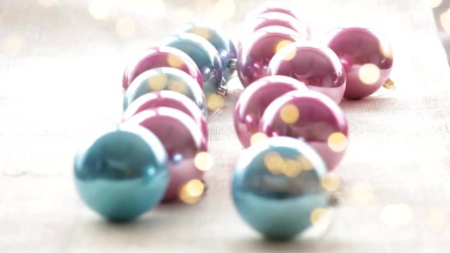 Christmas deoration balls baubles and bokeh lights background