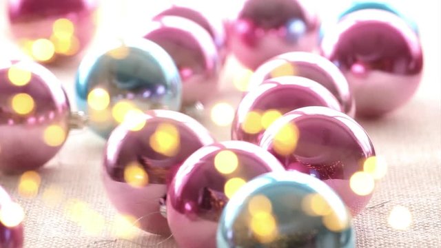 Christmas deoration balls baubles and bokeh lights background