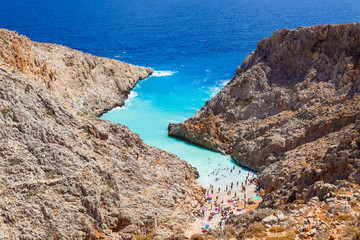 Fototapeta na wymiar Seitan limania or Agiou Stefanou, the heavenly beach with turquoise water. Chania, Akrotiri, Crete, Greece.
