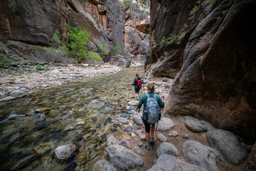 Two Young Female Friends Hiking Through the Narrows, Zion National Park, Utah - USA © ryan