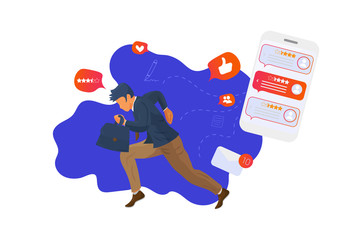 Reputation management concept vector illustration. Customer feedback online review report client survey presentation template. A running businessmen with a bag and infographic charts elements.