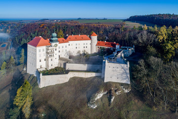 Historic castle Pieskowa Skala near Krakow in Poland in morning fog. Aerial view in fall.