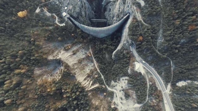Drone Aerial Top View of the Vajont Dam in Italy, Slow Motion Top View of the Forest Valley with Rocks and Waterfalls