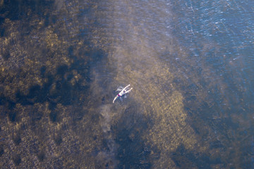 top high aerial view of lonely person swim in the sea in a summer heaven lagoon beach
