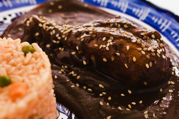 Mole Poblano with Chicken and rice is Mexican Food in Puebla Mexico