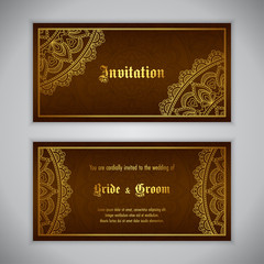 Luxury wedding invitation with golden ornament. Vector illustration