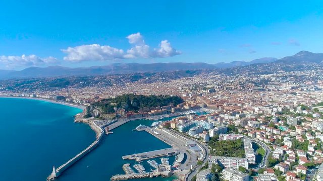 Aerial view of Nice France promenade, Mediterranean Sea and airport view . City panorame. Drone 4K video