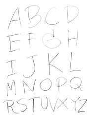 Pencil hand drawn english alphabet isolated on white background.