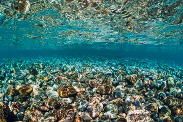 Fototapeta na wymiar Underwater scene with stones, copy space.