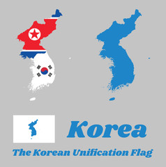 Map outline of North Korea, South Korea and Korean Peninsula  and flag of the both with The Korean Unification Flag, when North and South Korea participate as one team in sporting events.
