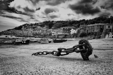 Dry docked harbor in black and white - England