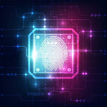 Fingerprint integrated in a printed circuit, releasing binary codes. fingerprint Scanning Identification System Security Concept. Vector illustration background