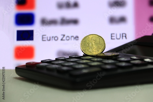 Twenty France Euro Cent On Obverse With Black Calculator White Twenty France Euro Cent On Obverse With Black Calculator White Floor Digital Board Of