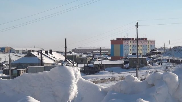 Anadyr city on far north Chukotka Russia. Cold snow town on edge of earth.