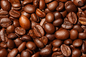 Close up of coffee beans texture background, selective focus