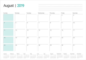 August 2019 desk calendar vector illustration