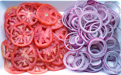 fresh sliced tomato and onion ring for hamburger