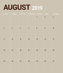 August 2019 desk calendar vector illustration