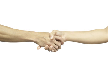 Man and woman shaking hands, isolated on white background