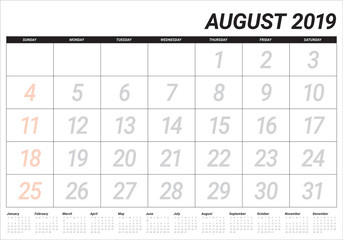 August 2019 desk calendar vector illustration