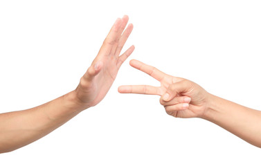 Rock paper scissors hands isolated white background