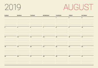 August 2019 desk calendar vector illustration