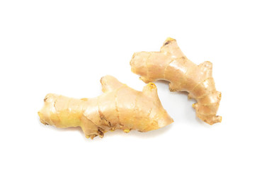 Top view fresh ginger slice isolated on white background, herb medical concept