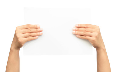 Woman hand holding the paper isolated on white background