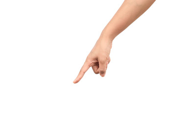 Woman hand point finger isolated on a white background