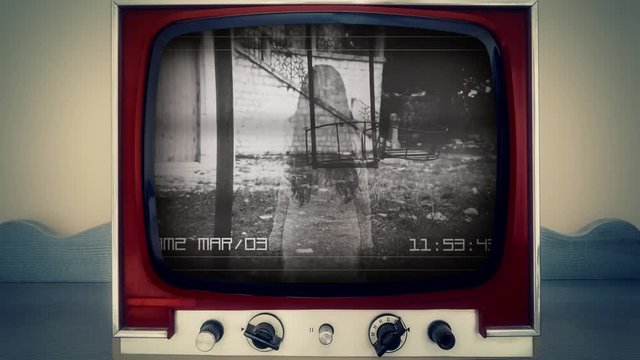 A retro vintage TV showing a CCTV security camera recording: a swing moving in a backyard, but no one is around; a witch or ghost suddenly appears.
