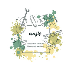 Template for music festival, jazz party, invitation, greeting card, concert poster. Vector illustration with saxophone, piano, violin, french horn, drum. Line style.
