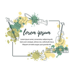 Template for music festival, jazz party, invitation, greeting card, concert poster. Vector illustration with saxophone, piano, violin, french horn, drum, guitar, trumpet. Line style.