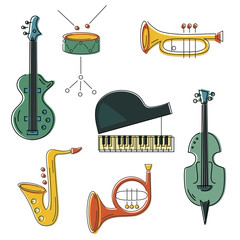 Vector set with music instrument: guitar, piano, saxophone, cornet, french horn, violin, drum. Flat style.