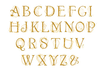 Golden alphabet with gold geometric shape crystal. Unique collection for wedding invites decoration other concept ideas.