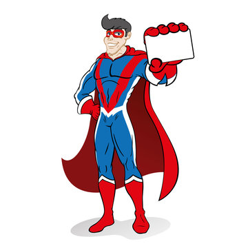 Illustration depicts superhero person doing imposing pose and holding or showing a card or something. Ideal for educational and institutional materials