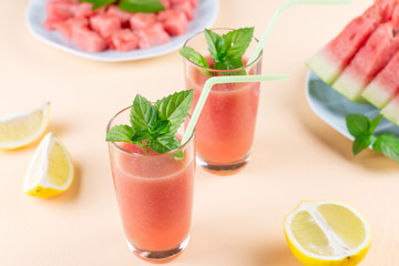 Watermelon smoothie with banana and lemon. Summer healthy refreshment drink