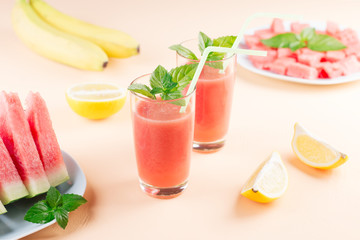 Watermelon smoothie with banana and lemon. Summer healthy refreshment drink