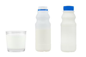 bottle of milk and milk in glass isolated on white background - clipping paths
