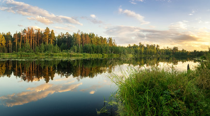 Fototapeta na wymiar Панорама летнего вечернего пейзажа на Уральском озере с соснами на берегу, Россия, август