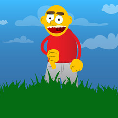 Yellow man showing dislike hand sign. Vector cartoon illustration.