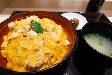 Oyakodon lunch set, japanese rice bowl with chicken and egg as topping, serves with soup.