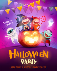 Halloween Celebration Fun Party. Group of kids in Halloween costume sitting on a giant pumpkin.