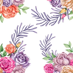 Behang Watercolor gouache beautiful vintage rose with leaves seamless pattern © HoyaBouquet