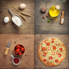 pizza and food ingredients at wooden table