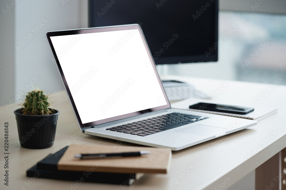 Poster mock up using laptop with blank screen computer modern