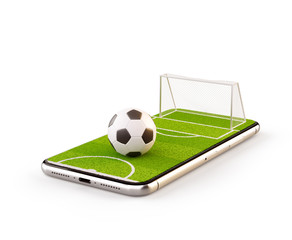 Unusual 3d illustration of a soccer field and soccer ball on a smartphone screen. Watching soccer...