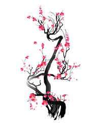 Watercolor sakura frame. Background with blossom cherry tree branches. Hand drawn japanese flowers background