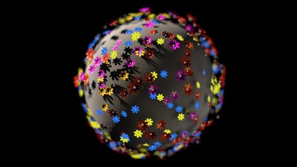 Miniature 3d render planet of cartoon color flowers isolated on black background