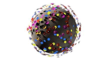 Miniature 3d render planet of cartoon color flowers isolated on white background